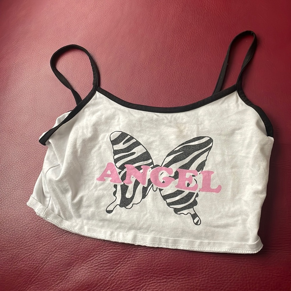 L, white and black tank with pink and back butterfly